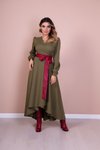 Haki Bordo Uzun Kol Asimetrik Kesim Midi Deri Kemerli Elbise