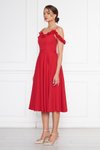 Kırmızı Midi Pileli Kloş Fırfır Detaylı Abiye Elbise