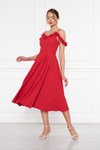 Kırmızı Midi Pileli Kloş Fırfır Detaylı Abiye Elbise