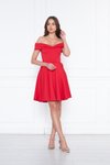 Kırmızı Mini Kloş Kalp Yaka Düşük Omuz Esnek Scuba Abiye Elbise