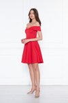 Kırmızı Mini Kloş Kalp Yaka Düşük Omuz Esnek Scuba Abiye Elbise