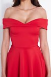 Kırmızı Mini Kloş Kalp Yaka Düşük Omuz Esnek Scuba Abiye Elbise