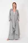 Gri Keten Çizgili İkili Arkası Zeytin Ağacı İşlemeli Takım