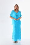 Turkuaz Uzun İtalyan Beden İnce Gösteren Yarım Kol Kat İpek Elbise