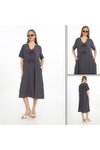 Antrasit Keten Bohem Midi Yarım Kollu Düğme Detaylı Elbise