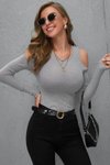 Açık Gri Uzun Kollu Esnek Kaşkorse Omuz Dekolteli Bluz