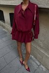Bordo Mini Gömlek Meron Cesika Kumaş Elbise
