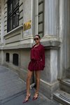 Bordo Mini Gömlek Meron Cesika Kumaş Elbise