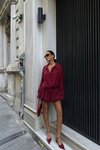 Bordo Mini Gömlek Meron Cesika Kumaş Elbise