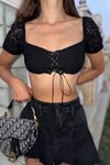 Siyah Transparan Dantel Crop Top