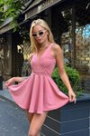 Toz Pembe Sıfır Kol Şortlu Sırt Detay Mini Elbise