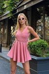 Toz Pembe Sıfır Kol Şortlu Sırt Detay Mini Elbise