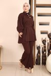 Kahverengi Tesettür İkili Yırtmaçlı Takım
