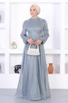 Gri Dantelli Simli Tesettür İncili Abiye Elbise