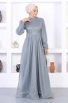 Gri Dantelli Simli Tesettür İncili Abiye Elbise