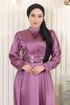 Gül Kurusu Tesettür Drapeli Saten Abiye Elbise
