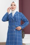 İndigo Geniş Yaka Düğmeli Kaşe Kaban