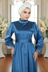 İndigo İncili Saten Tesettür Abiye Elbise