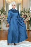 İndigo İncili Saten Tesettür Abiye Elbise