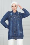 Koyu Mavi Kot Cebi Lazer Detaylı Tesettür Ceket