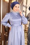 Mavi Saten Tüy Detaylı Tesettür Abiye Elbise