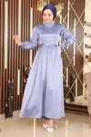 Mavi Saten Tüy Detaylı Tesettür Abiye Elbise