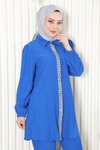 Mavi Tesettür İkili Taş Detaylı Takım