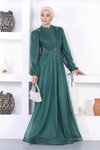 Zümrüt Dantelli İncili Simli Tesettür Abiye Elbise