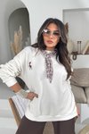 Ekru Twst Model Yakası Şal Detaylı Sweatshirt