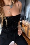 Siyah Payetli Crop İp Askılı Top