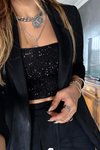 Siyah Payetli Crop İp Askılı Top