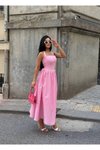 Pembe Uzun Kloş Askılı Kare Yaka Elbise