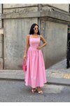 Pembe Uzun Kloş Askılı Kare Yaka Elbise