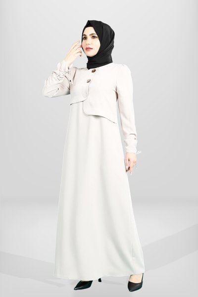 Bej Düğme Detaylı Kolu Büzgülü Tesettür Elbise