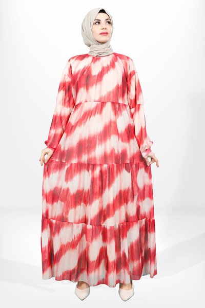 Kırmızı Katlı Tül Tesettür Elbise
