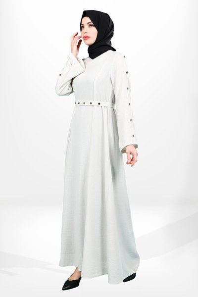 Kuşaklı Taş Çıtçıtlı Düğme Detaylı Tesettür Elbise