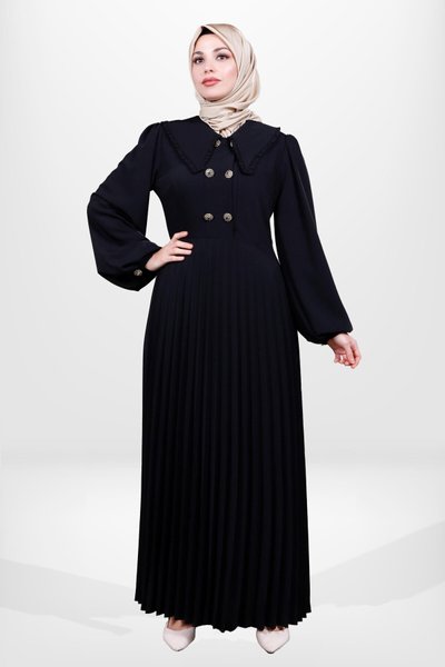 Siyah Eteği Piliseli Düğme Detaylı Tesettür Elbise
