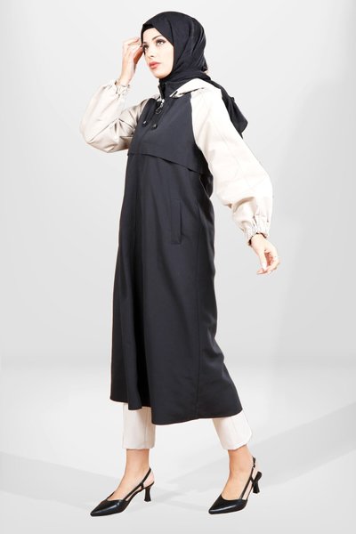 Siyah Kapüşonlu Garnili Trençkot