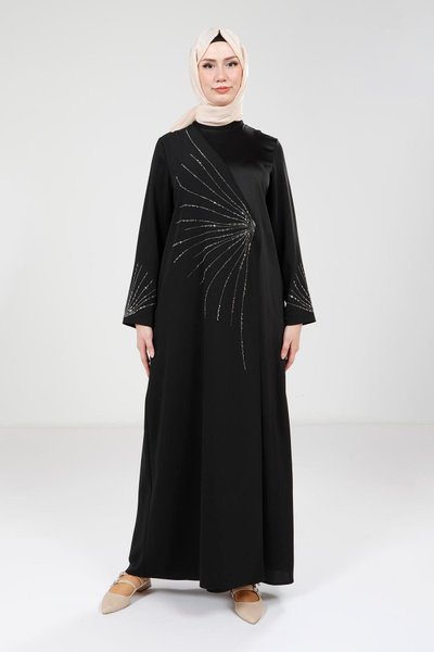 Siyah Tesettür Taş Süslemeli Elbise