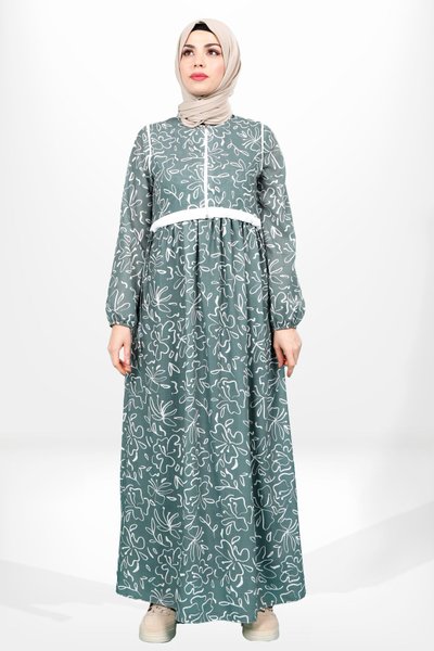 Yeşil Çiçek Desenli Beli Ayarlanabilir Üstü Kapama Detaylı Tesettür Elbise