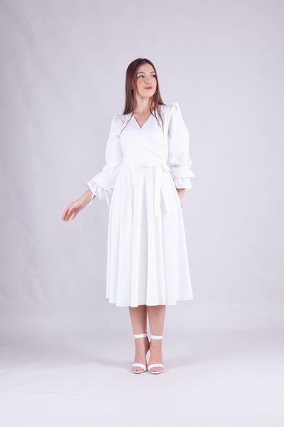 Beyaz Midi Uzun Kol Kruvaze Yaka Elbise