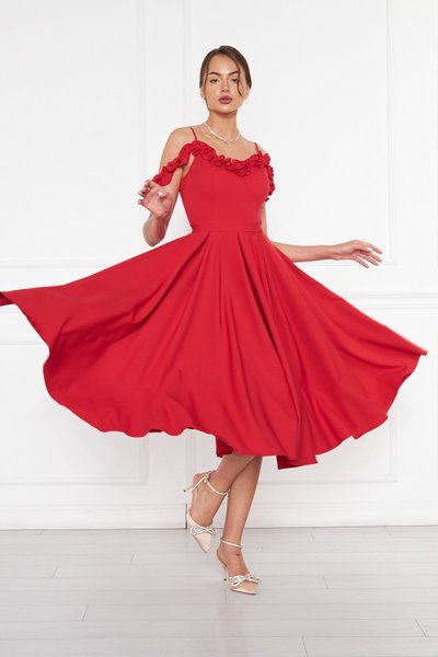 Kırmızı Midi Pileli Kloş Fırfır Detaylı Abiye Elbise