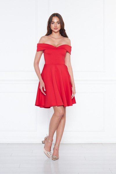 Kırmızı Mini Kloş Kalp Yaka Düşük Omuz Esnek Scuba Abiye Elbise