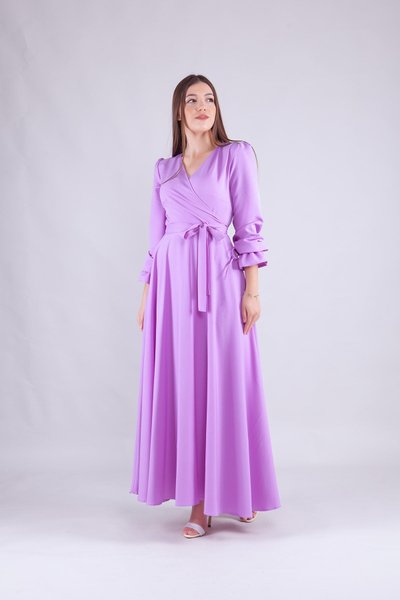 Lila Uzun Kol Kruvaze Yaka Elbise