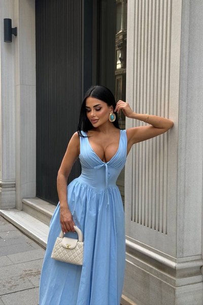 Mavi Simon Uzun Korse Detaylı Poplin Elbise