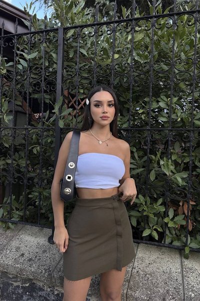 Yeşil Mini Gabardin Button Detay Etek