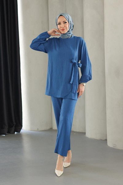 İndigo İkili Bağlama Detaylı Tesettür Takım
