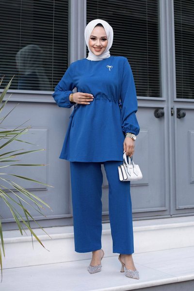 İndigo Tesettür Bronş Detaylı İkili Takım