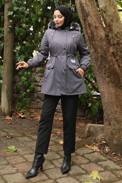 Gri Kapşonlu Fermuarlı Mont