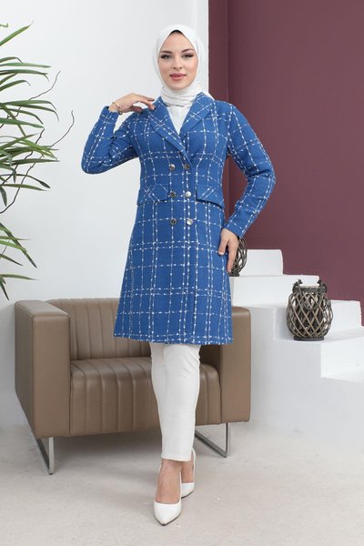 İndigo Geniş Yaka Düğmeli Kaşe Kaban